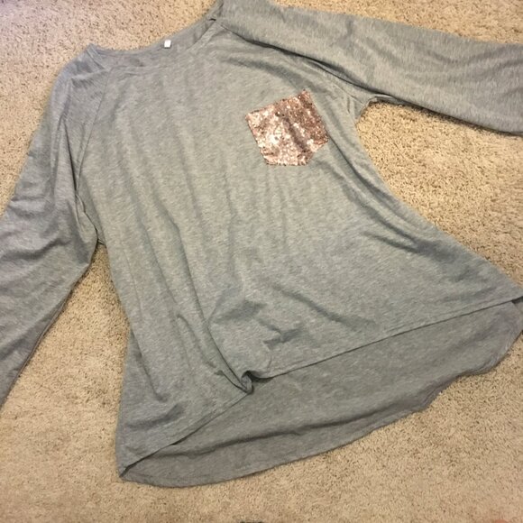 Heathered Grey Womens High Low Rose Gold Sequin Pocket Shirt 4X - Picture 11 of 15